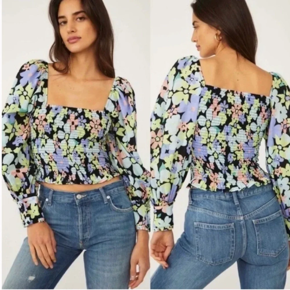 Free People Ariana Square Neck Smocked Top in Retro Floral Sz M